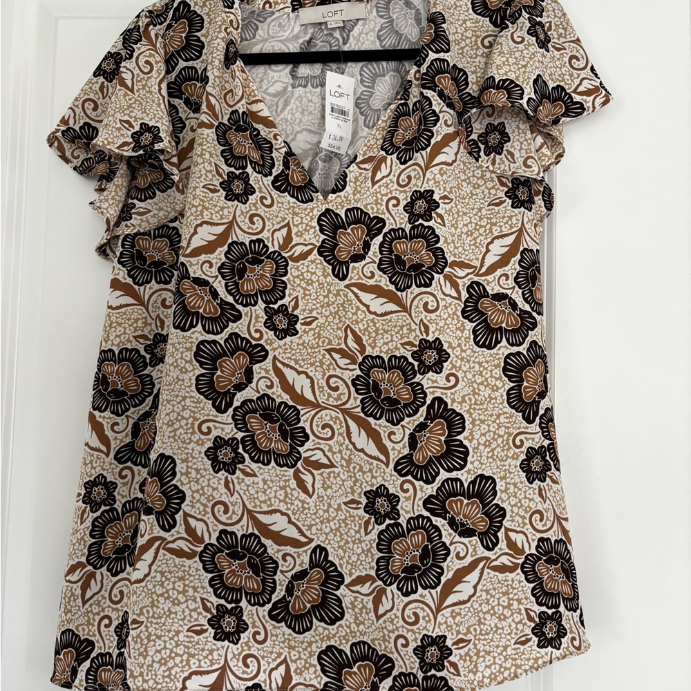 LOFT Women’s Cheetah Print Flutter Tie Neck Mixed Media Top (Seaside Sand)